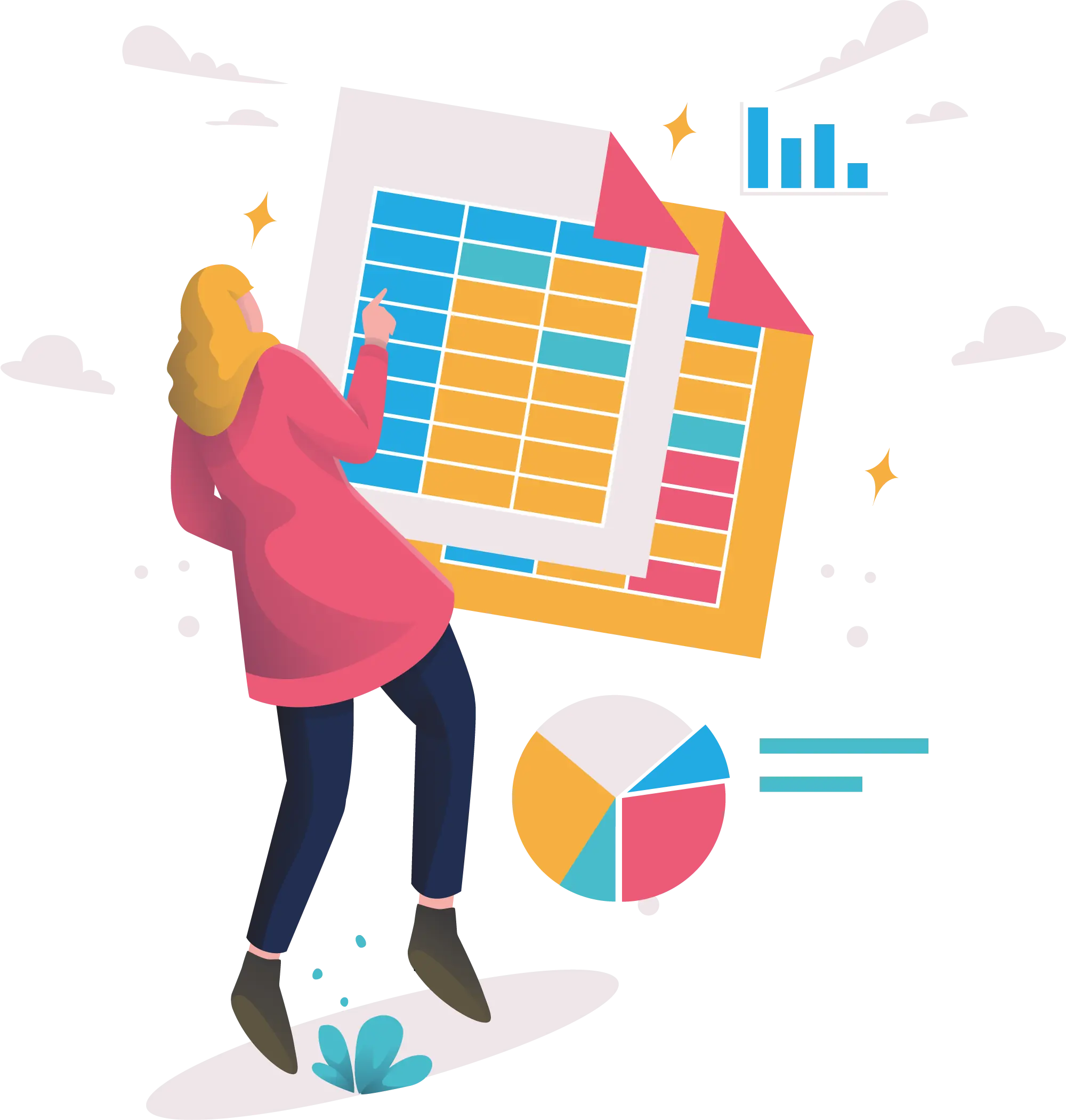 illustration of a woman analysing expenses data on a spreadsheet